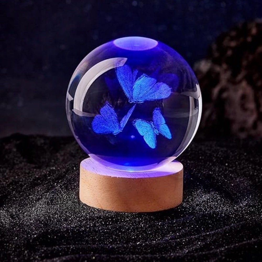🏷️3D Butterfly Crystal Ball Lamp with Wooden Base